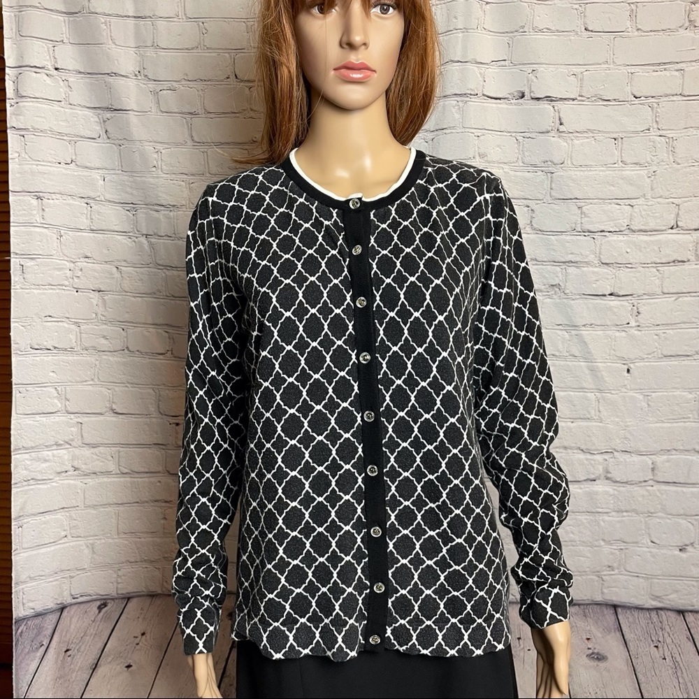 Charter Club Long Sleeve Button Front Cardigan Black White Size L